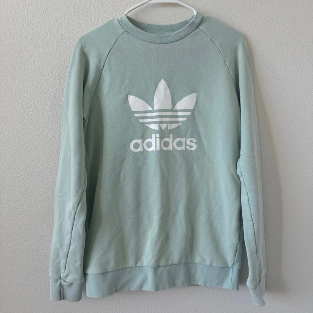 adidas mint teal logo graphic long sleeve pullover crewneck sweatshirt sweater